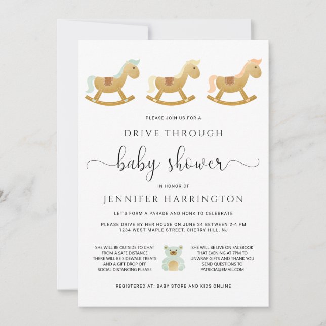 Invitación Conducir a través de Baby Shower | Caballo de Roca (Anverso)