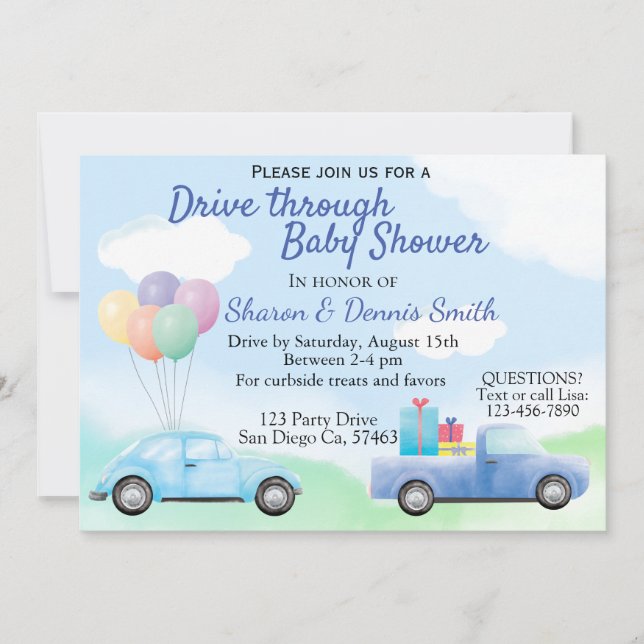 Invitación Conducir a través de Baby Shower de auto acuarela  (Anverso)
