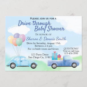 Invitación Conducir a través de Baby Shower de auto acuarela 
