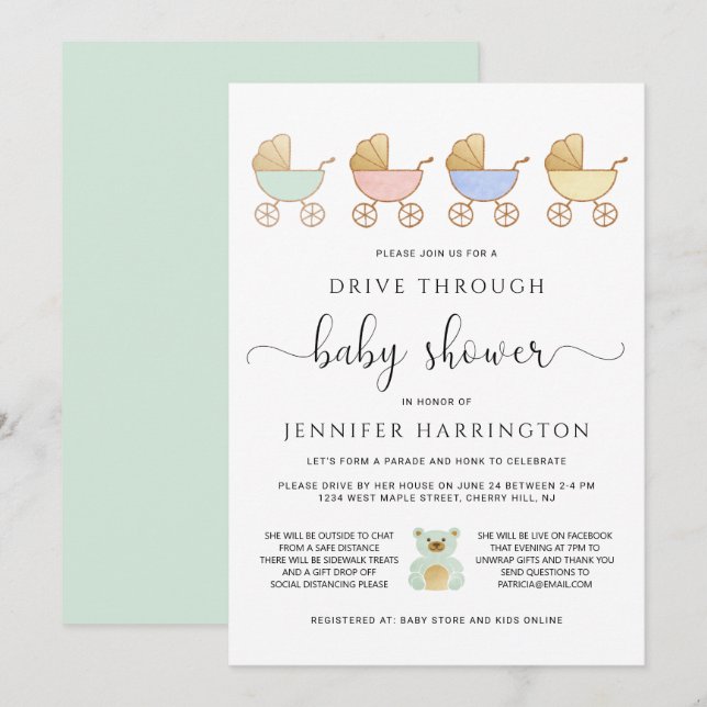Invitación Conducir a través de Baby Shower | Desfile de Carr (Anverso / Reverso)