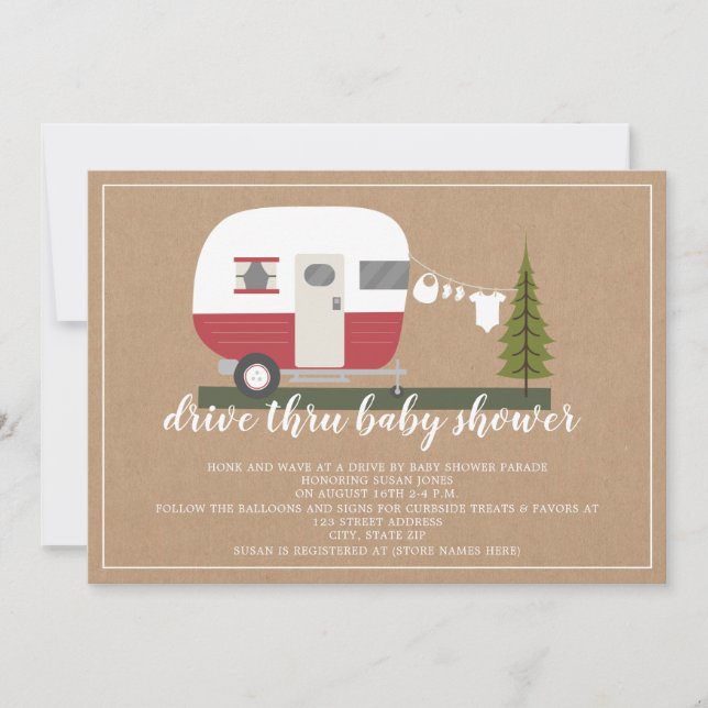 Invitación Conducir a través de Baby Shower Red Camper Woodla (Anverso)