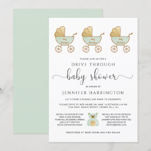 Invitación Conducir a través de Baby Shower Retro Carrier Gre