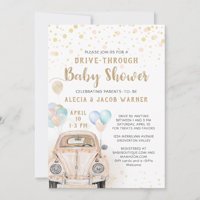 Invitación Conducir a través del auto Baby Shower Pink Gold P (Anverso)