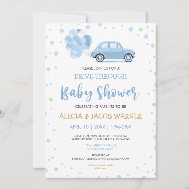 Invitación Conducir globos de auto azul a través de Boy Baby  (Anverso)