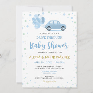Invitación Conducir globos de auto azul a través de Boy Baby