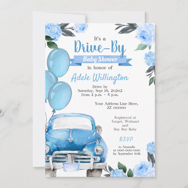 Invitación Conducir Por Auto Blue Boy Rustic Baby Shower (Anverso)