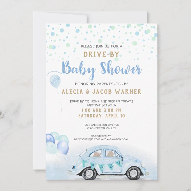 Invitación Conducir Por Auto Boy Baby Shower Blue Green Gold (Anverso)