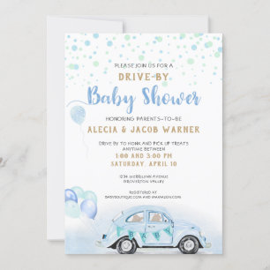 Invitación Conducir Por Auto Boy Baby Shower Blue Green Gold