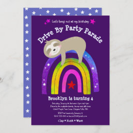 Invitación Conducir por Birthday Sloth Kawaii Boho Rainbow