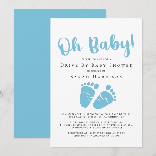 Invitación Conducir Por Boy Shower Oh Pies De Bebé Azul (Anverso / Reverso)