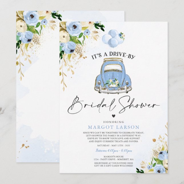 Invitación Conducir Por Bridal Shower Blue Floral Auto Pasar (Anverso / Reverso)