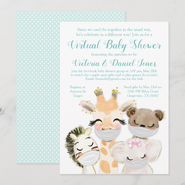 Invitación Conducir por correo máscaras Baby Shower Baby Anim (Anverso / Reverso)