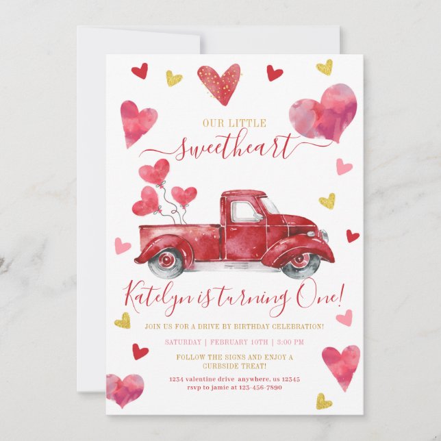 Invitación Conducir por cumpleaños de Valentine Hearts (Anverso)