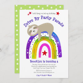 Invitación Conducir Por Cumpleaños Sloth Kawaii Boho Rainbow
