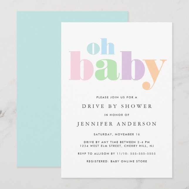Invitación Conducir por ducha | Oh Baby Pastel Minimal Modern (Anverso / Reverso)