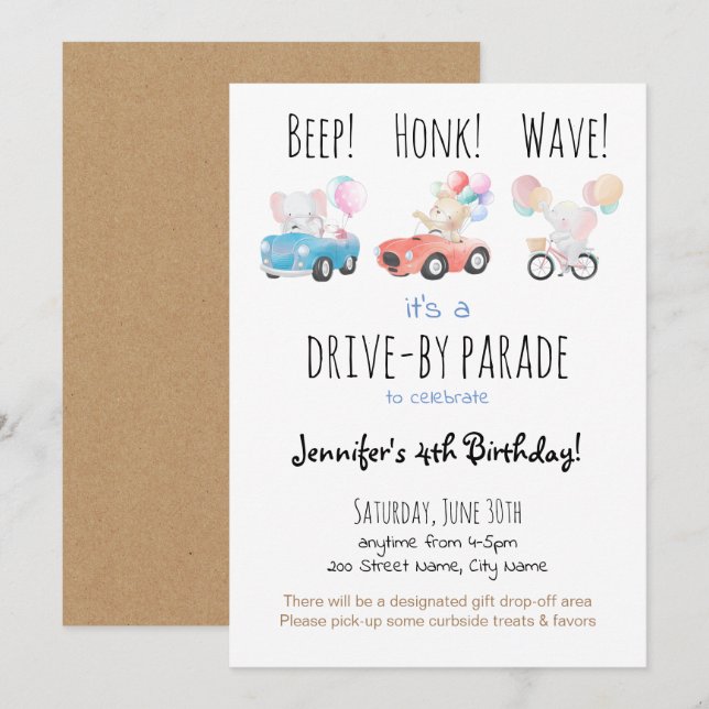 Invitación Conducir por el desfile de cumpleaños (Anverso / Reverso)