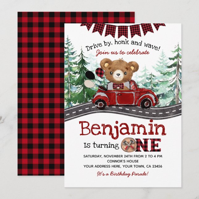 Invitación Conducir Por Lumberjack Bear (Anverso / Reverso)