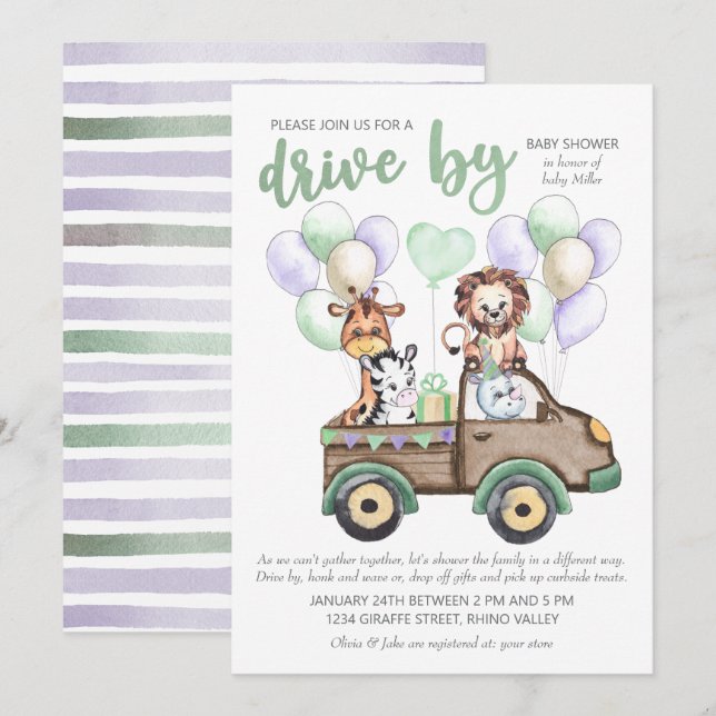Invitación Conducto por Safari Truck y Cute Animals Baby Show (Anverso / Reverso)