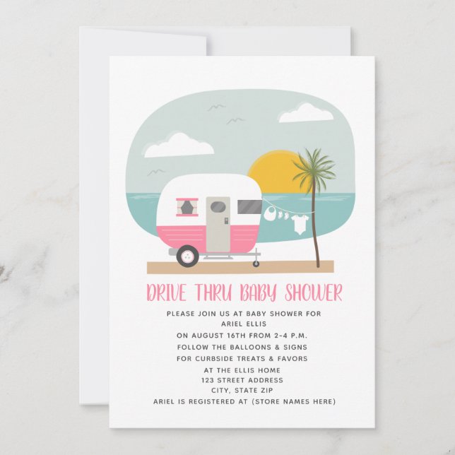 Invitación Conduzca a través de Baby Shower Pink Beach Camper (Anverso)