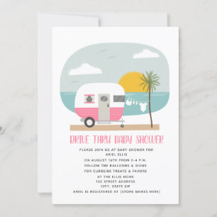 Invitación Conduzca a través de Baby Shower Pink Beach Camper