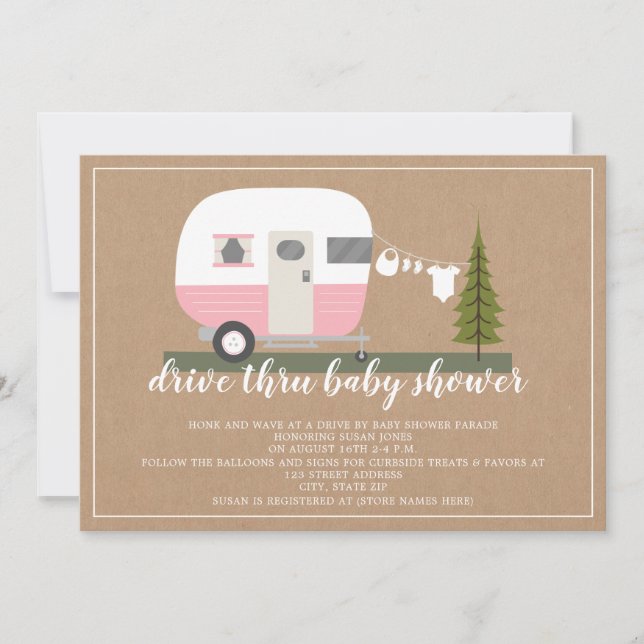 Invitación Conduzca a través de Baby Shower Pink Camper Woodl (Anverso)