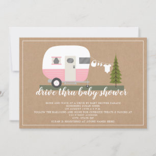 Invitación Conduzca a través de Baby Shower Pink Camper Woodl