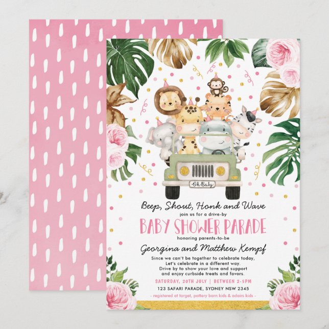 Invitación Conduzca por Safari Floral Rosa Chica Baby Shower (Anverso / Reverso)