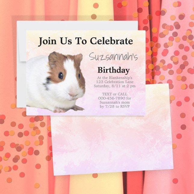 Invitación Conejillo de indias marrón blanco lindo Cumpleaños (front and back template invitation)