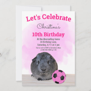 Invitación Conejita de Guinea Gris Balón de Fútbol Rosa Perso