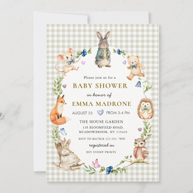 Invitación Conejito Adorable Fiesta de Bebé en el Bosque (Anverso)
