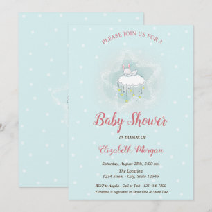 Invitación Conejito Adorable, Nube, Estrellas de Lunares Azul