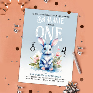 Invitación Conejito azul pastel lindo cumpleaños 1 bebé niño 