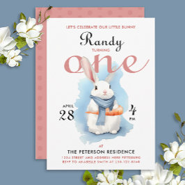 Invitación Conejito azul rosa blanco adorable para el primer 