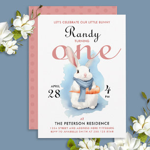Invitación Conejito azul rosa blanco adorable para el primer 