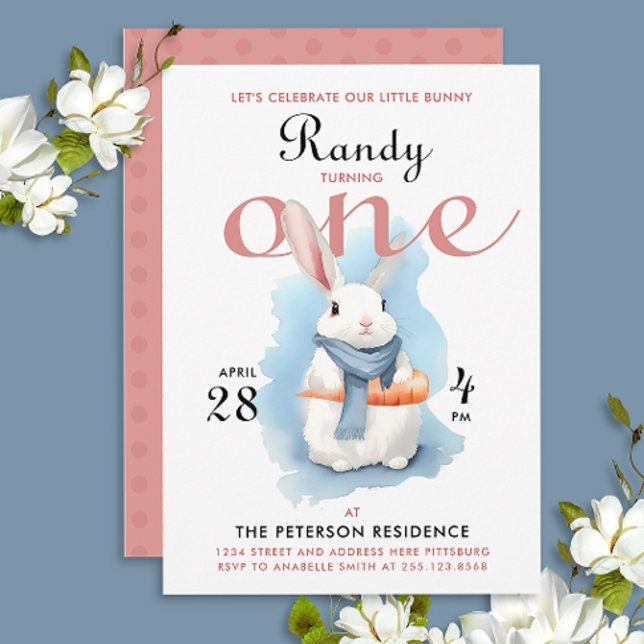 Invitación Conejito azul rosa blanco adorable para el primer  (Subido por el creador)