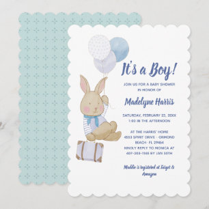 Invitación Conejito Bonito Globos Azules Es un Niño Baby Show
