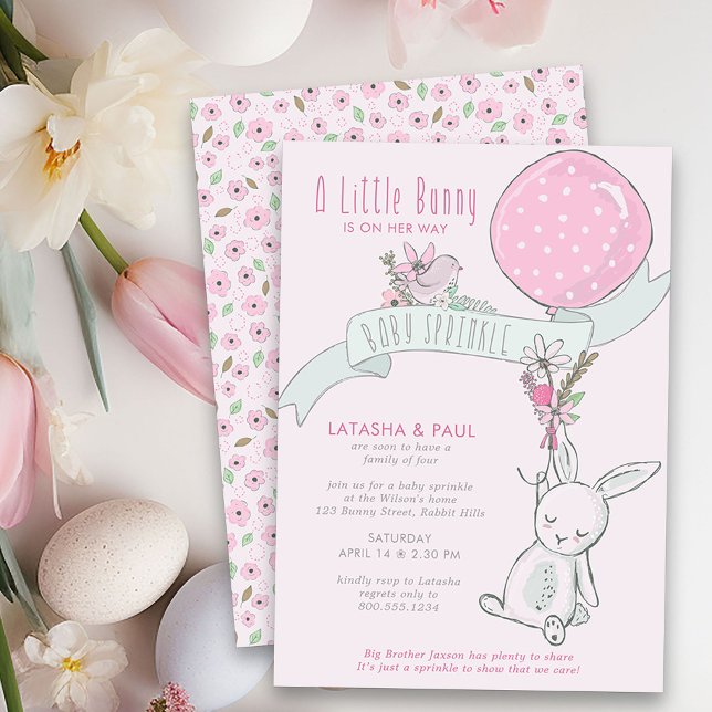 Invitación Conejito con globo Niña bebé Sprinkle (Girl Baby Sprinkle Invitation from my Little Bunny & Balloon Baby Shower collection)