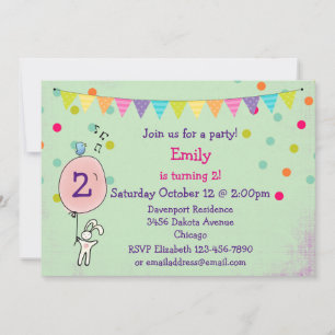 Invitación Conejito con un globo invita a fiesta de cumpleaño