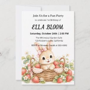 Invitación Conejito de Fresa en Acuarela para Primer Cumpleañ