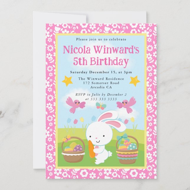 Invitación Conejito de Pascua adorable cumpleaños de primaver (Anverso)