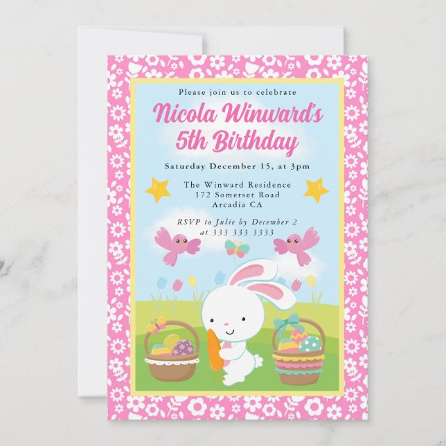 Invitación Conejito de Pascua adorable cumpleaños de primaver (Anverso)