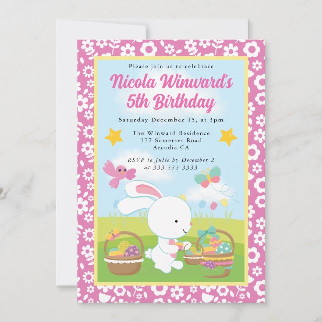 Invitación Conejito de Pascua adorable cumpleaños de primaver (Anverso)