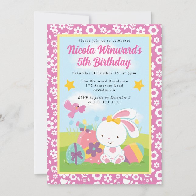 Invitación Conejito de Pascua adorable cumpleaños de primaver (Anverso)