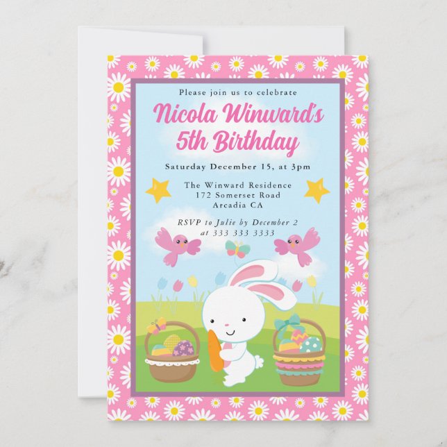 Invitación Conejito de Pascua adorable cumpleaños de primaver (Anverso)