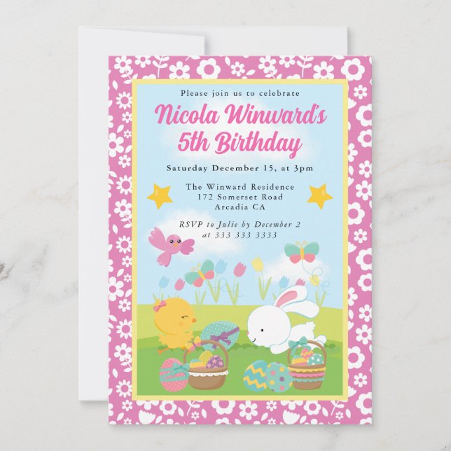 Invitación Conejito de Pascua adorable y cumpleaños de primav (Anverso)