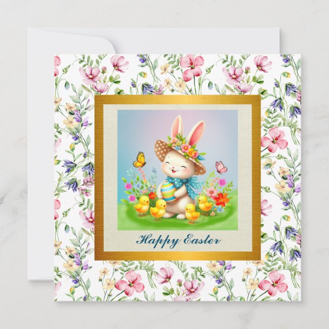 Invitación Conejito de Pascua adorable y flores felices de pr (Anverso)