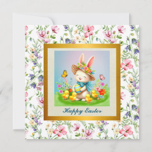 Invitación Conejito de Pascua adorable y flores felices de pr