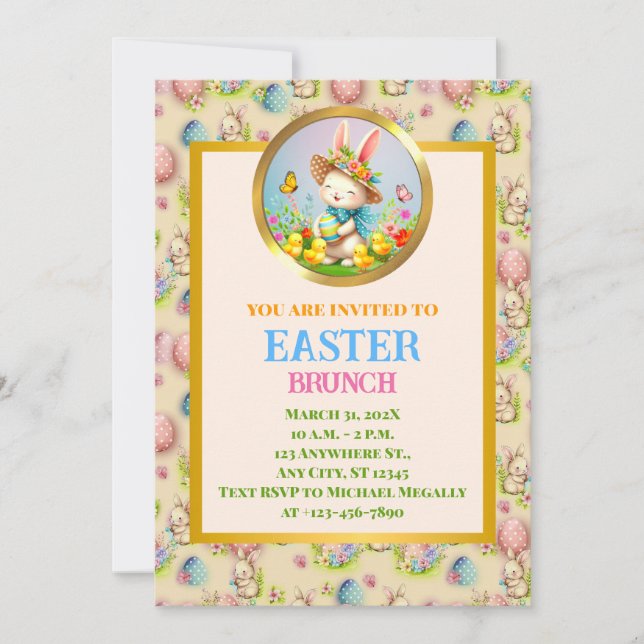 Invitación Conejito de Pascua adorable y flores felices de pr (Anverso)