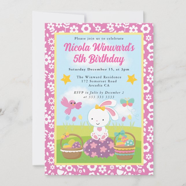 Invitación Conejito de Pascua Cumpleaños Infantil Primavera (Anverso)
