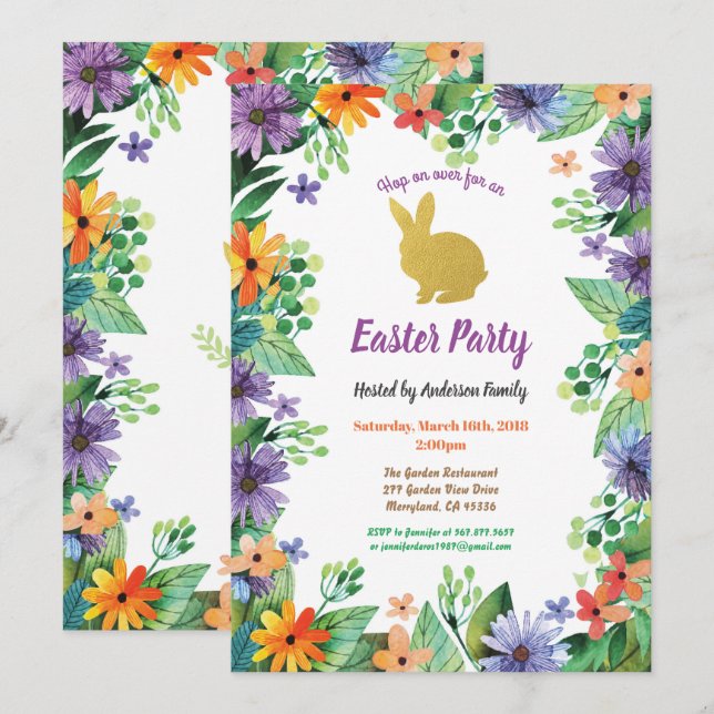Invitación Conejito de Pascua fiesta acuarela dorado floral (Anverso / Reverso)